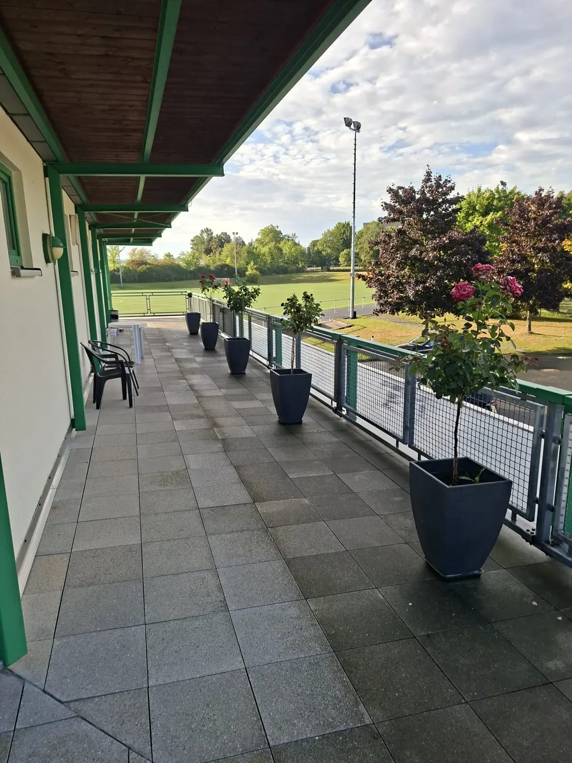 Blick von der Terrassenseite in die grün gerahmte Sitzecke mit den Kübelbäumen am Geländer